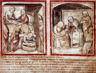 Rut da a luz a Obed, hijo de Booz. Miniatura del códice 212 (o códice padovano o Biblia de Padua) 1390-1400 Rovigo, Accademia dei Concordi