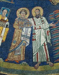 Santa Práxedes (Prassede) y San Pablo (detalle). Mosaico anónimo alrededor del año 830. Arco Triunfal de la Basílica de Santa Prassede, Roma