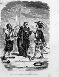 San Vicente de Paúl intercediendo a favor de un convicto con un oficial en las galeras de Marsella - en “Les Bagnes: histoire, types, moeurs, mystère” por Maurice Alhoy, ed. Gustave Havard