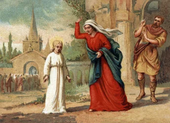 Santa Genoveva (422-502), patrona de París abusada por su madre. Cromolitografía alrededor de 1890.