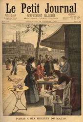 Vendedora de sopa y café con leche, bajo las puertas cocheras a las 6 am para el desayuno al aire libre de los trabajadores parisinos. Grabado en "Le petit journal" 14/07/1895. Colección de Selva.
