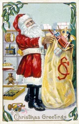 Papá Noel preparando regalos - Tarjeta de Navidad. Tarjeta de felicitación americana sd. finales del siglo XIX