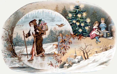 Santa Claus trae regalos a los niños. Cromolitografía de finales del siglo XIX.