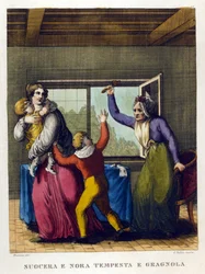 Dichos: “Hermosa madre e hija, tempestad y granizo”. Ilustración de una colección de proverbios del siglo XVIII