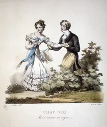 Escena de amor cortés entre dos jóvenes. c. 1820.