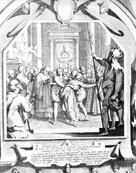 Escena de exorcismo de una mujer poseída usando la Madonna de Monsummano en 1630.