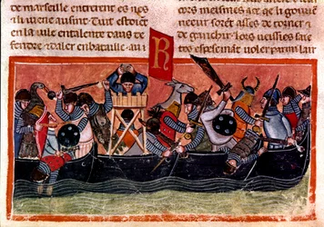 Escena de batalla naval. Miniatura de un códice francés en pergamino “Hechos de los Romanos” que narra la historia antigua hasta Julio César. Siglo XIII. Venecia, biblioteca Marciana
