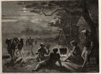 Escena de descanso en el campo, a la luz de la luna, se colocan esteras en el suelo después del día de trabajo. Grabado para ilustrar el viaje a Japón en 1863-1864, por Aime Humbert, ministro de la Confederación Suiza, en “Le tour du monde, nouveau journal