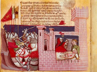Escena de la Batalla de Roncesvalles en 778. Batalla entre el ejército de Carlomagno y los sarracenos donde murió el caballero Roldán. Está representado a la derecha. Miniatura del códice “La Entrada de España” (Ms.Franc.21) Siglo XIV. Venecia, Biblioteca
