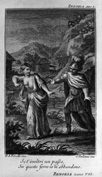 Escena del primer acto de “Zenobia” (Zenobie), ópera del compositor Niccolò Vito Piccinni (1728-1800) (1756) después de un libreto de Pietro Metastasio. Grabado de finales del siglo XVIII