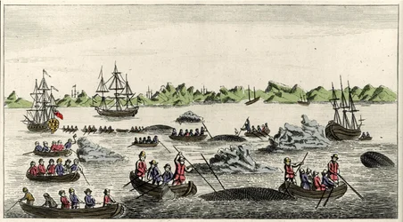 Escena de pesca de ballenas en Groenlandia en el siglo XVIII, impresión popular anónima de la época.