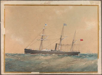 Barco de vapor de hélice con bandera de Satsuma, probablemente "Lotus", principios del siglo XIX (acuarela)