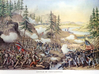 Guerra de Secesión (1861 - 1865) o Guerra Civil Americana: 24-25/11/1863: después de dos días de batalla en Chattanooga, Tennessee, victoria del Ejército del Norte comandado por el General Rosecrans. Grabado
