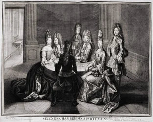 Segunda Sala de los Apartamentos (Versalles): 1. Monseñor, 2. Madame Princesa de Conty Viuda, 3. Monsieur el Duque de Borbón, 4. Madame la Duquesa de Borbón, 5. Monsieur de Vendôme, Gran Prior de Francia. Grabado de Trouvain, principios del siglo XVIII