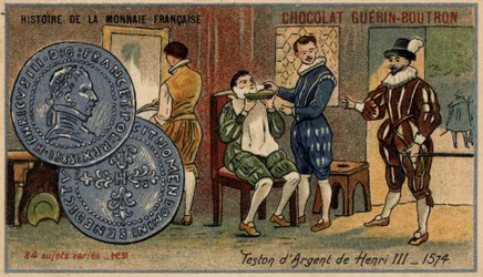 Serie Historia de la Moneda Francesa publicada por Chocolat Guérin Boutron. Cromolitografía del siglo XIX. Testón de plata de Enrique III. 1574