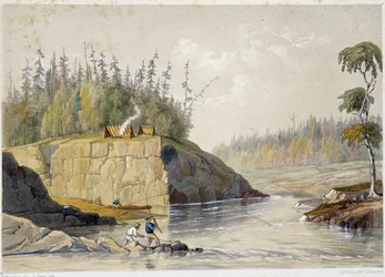 Colonos en Canadá pescando en un río - en "Sketches on the Nipisaguit a River of New Brunswick in America" de William Hickman, ed. Halifax