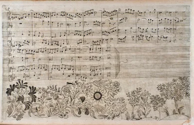 Partitura de El arte de la fuga, final del contrapunto 5, por Johann Sebastian Bach