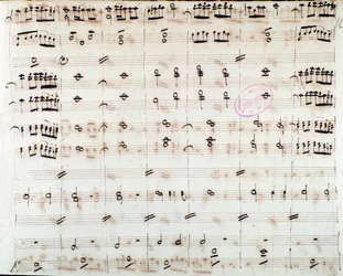 Página de partitura para el primer violín en la apertura de Mitrídates, Rey del Ponto, ópera de Mozart (1770)
