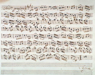 Página de partitura para el primer violín en la obertura de Mitrídates, rey del Ponto, ópera por Mozart (1770)