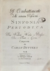 Página de partitura de la Sinfonía Periódica (el Combate de las Pasiones Humanas) por Karl Ditters von Dittersdorf