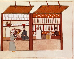 Tiendas en las calles de Constantinopla. Miniatura tomada de un manuscrito de Cicogna del siglo XIX (1828) después de un original del siglo XVII (1671)