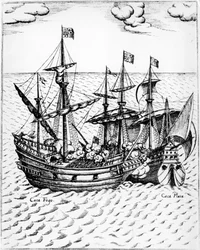 El "Golden Hind" de Sir Francis Drake (1540-1596) capturando el barco español "Nuestra Señora de Concepción", conocido como "Cacafuego" en 1579, frente a Ecuador. Grabado del siglo XVI.