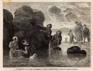 Pequeñas actividades de pesca en una playa de Sinagawa, los niños chapotean en el agua y atrapan cangrejos y peces pequeños. Grabado para ilustrar el viaje a Japón, en 1863-1864, por Aime Humbert, ministro de la Confederación Suiza, en “Le tour du monde, n