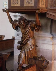 Estatua de Sansón bajo el púlpito de la iglesia abacial de Ebersmunster, Alsacia