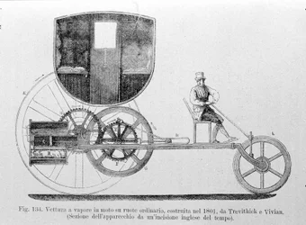 Coche de vapor montado en el ordinario, construido en 1801 por Trevithick y Vivian. Grabado del siglo XIX