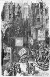 Escena callejera en la Edad Media. Grabado del siglo XIX.