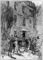 Manifestación estudiantil en honor a Michel Eugène (Michel-Eugène) Chevreul (1786-1889) (Decano de los estudiantes de Francia) en el Jardín de Plantas en París. Grabado en “El Mundo Ilustre” 1885.