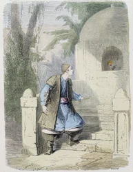 Cuento: Aladino tomando la lámpara en el nicho - en "Las Mil y Una Noches", ed. Emile Guérin, contado por Md Boudet, París, s.f.
