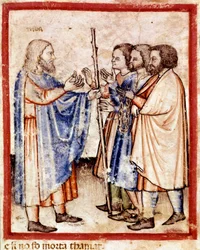 Tamar presenta a Judá el sello, el cordón y el bastón que había dejado como garantía. Miniatura del códice 212 (o padovano o Biblia de Padua) 1390-1400