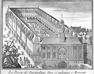 La Bolsa de Ámsterdam donde se reúnen los comerciantes. Grabado del siglo XVIII.