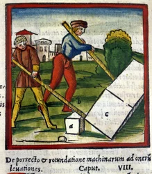 La palanca de Arquímedes (287 a.C. - 212 a.C.) en De architectura de Vitruvio. 1630. Trivulziana, Milán.