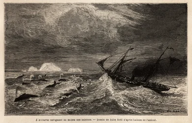 El Arcturus, un transatlántico danés que sirve entre Copenhague e Islandia, en el que el autor se embarca para llegar a Reikiavik, navegando entre las ballenas. Grabado para ilustrar el viaje a Islandia, historia de Noel Nougaret, en 1866, publicado en “L