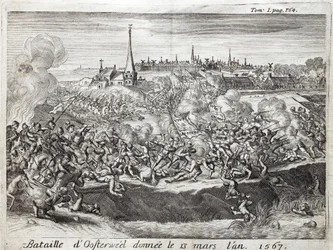 La Batalla de Oosterweel (Países Bajos, Países Bajos), celebrada el 13 de marzo de 1567, el primer enfrentamiento de la Guerra de los Ochenta (Ochenta) Años (1567-1648). Grabado para ilustrar 