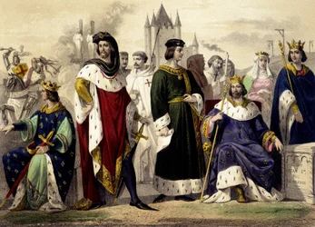 Los Capetos de 1270 a 1322. Felipe III el Atrevido, Felipe IV el Hermoso, Luis X el Obstinado, Felipe V el Largo, Carlos IV el Hermoso. Grabado del siglo XIX