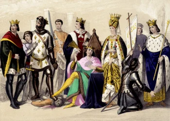 Los Capetos de Valois de 1328 a 1422. Felipe VI, Juan II, Carlos VI, Isabeau (Isabel, Isabel) de Baviera, Juana de Arco, Carlos VII. Grabado del siglo XIX
