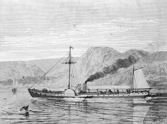 El Clermont, un barco construido en 1807 por Robert Fulton para proporcionar la conexión Nueva York - Albany en el río Hudson. Grabado del siglo XIX