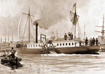 El Clermont, un barco construido en 1807 por Robert Fulton (1765 - 1815) para proporcionar la conexión Nueva York - Albany en el río Hudson. Grabado del siglo XIX