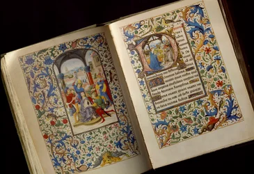La coronación de espinas. Doble página de un manuscrito abierto del «Libro de horas de María de Borgoña (1457-1482)» (Cod. 1857), finales del siglo XV, Biblioteca Nacional de Austria, Viena