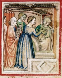 La muerte de Raquel en capas. Miniatura del códice 212 (o padovano o Biblia de Padua) 1390-1400 Rovigo, Accademia dei Concordi