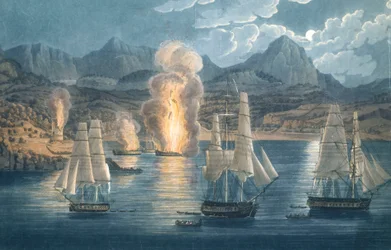 Los ingleses destruyen barcos franceses en la bahía de Sagone, Córcega, el 30 de abril de 1811 (aguatinta coloreada)