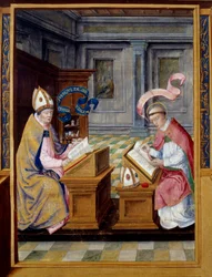 El obispo de Jerusalén San Cirilo y San Agustín (miniatura en pergamino del siglo XVI)