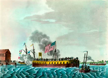 La fragata de vapor Fulton maniobrando en el puerto de Nueva York