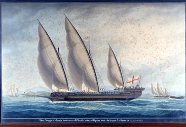 Las galeras de Génova Raggia y San Giorgio persiguen al chebec argelino Uccello. 11 de agosto de 1788