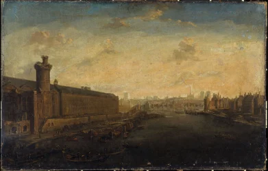 La Gran Galería del Louvre, con la Porte Neuve, el Pont-Neuf, la Cité, la Tour de Nesle y el Quai Malaquais, hacia 1640, actuales distritos 1 y 6, entre 1635 y 1645 (óleo sobre lienzo).