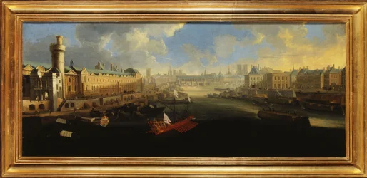 La Gran Galería del Louvre, con la Porte Neuve, el Pont-Neuf, la Cité, el Collège des Quatres-Nations en construcción y el Quai Malaquais, hacia 1665, entre 1665 y 1670 (óleo sobre lienzo)