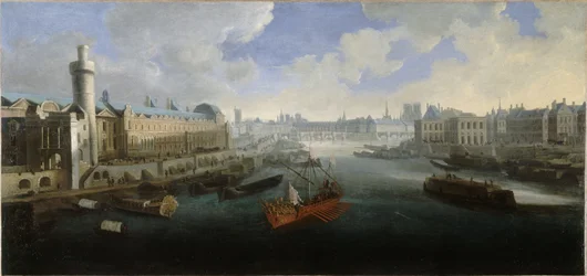 La Gran Galería del Louvre, con la Porte Neuve, el Pont-Neuf, la Cité, el Collège des Quatres-Nations en construcción y el Quai Malaquais, hacia 1665. En el Sena, la galera real, entre 1660 y 1670 (óleo sobre lienzo)